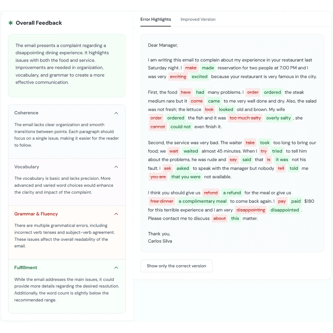 AI writing feedback interface showing highlighted errors and suggestions